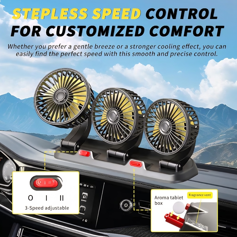 Triple Car Fan Dashboard Mount 12V Plug 360° Adjustable 3 Speed Cooling Fan - Picture 3 of 10